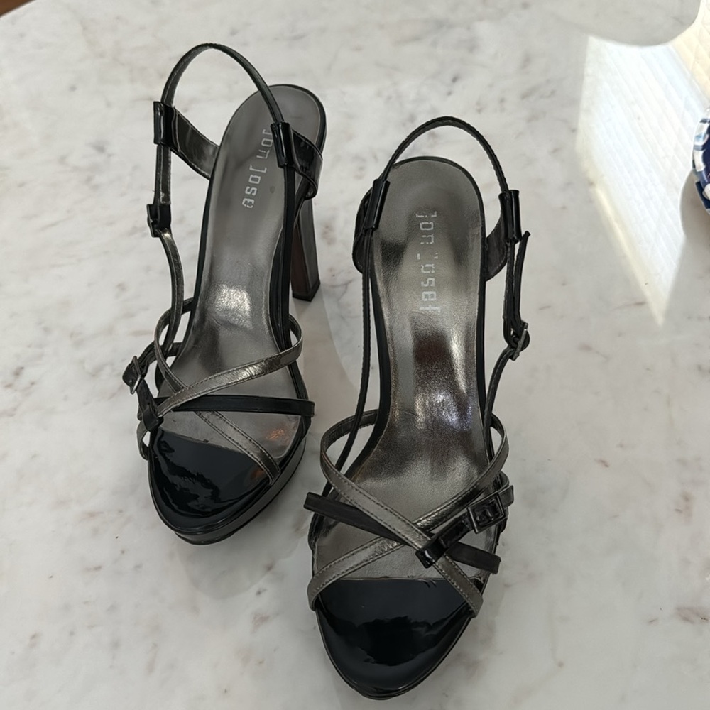 Jon Josef Heeled Sandals. Black and Silver. Size 7.5